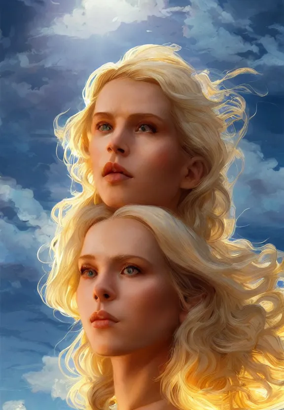 Image similar to A beautiful fierce blonde-haired Circe, posing heroically, heavenly sunlit clouds background, close-up shot, elegant, digital painting, golden hour, cinematic, epic, trending on artstation, concept art, smooth, sharp focus, illustration, art by artgerm and Greg Rutkowski and Alphonse Mucha