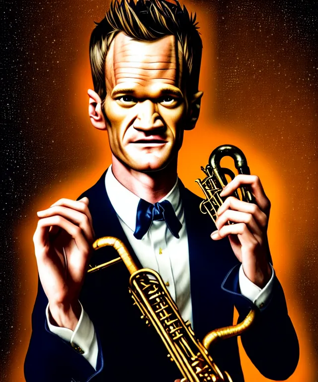 Image similar to hyperrealistic mixed media painting of Neil Patrick Harris as a jazz musician, dimly lit 1920s speakeasy, stunning 3d render inspired art by P. Craig Russell and Barry Windsor-Smith + perfect facial symmetry + dim volumetric lighting, 8k octane beautifully detailed render, post-processing, extremely hyperdetailed, intricate, epic composition, grim yet sparkling atmosphere, cinematic lighting + masterpiece, trending on artstation, very very detailed, masterpiece, stunning