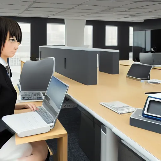 Prompt: high tech corporate office, anime girl subject