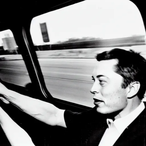 Image similar to retro photo of drunked elon musk driving bus, by hunter thompson