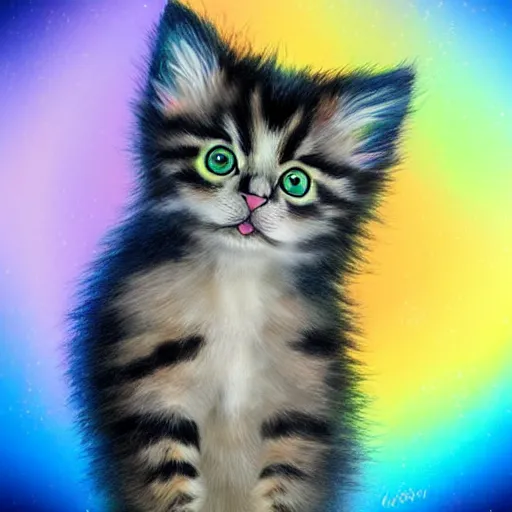 Image similar to of a full body wide of very proud fluffy rainbow kitten howling at moon with a glowing rainbow aura, digital art,