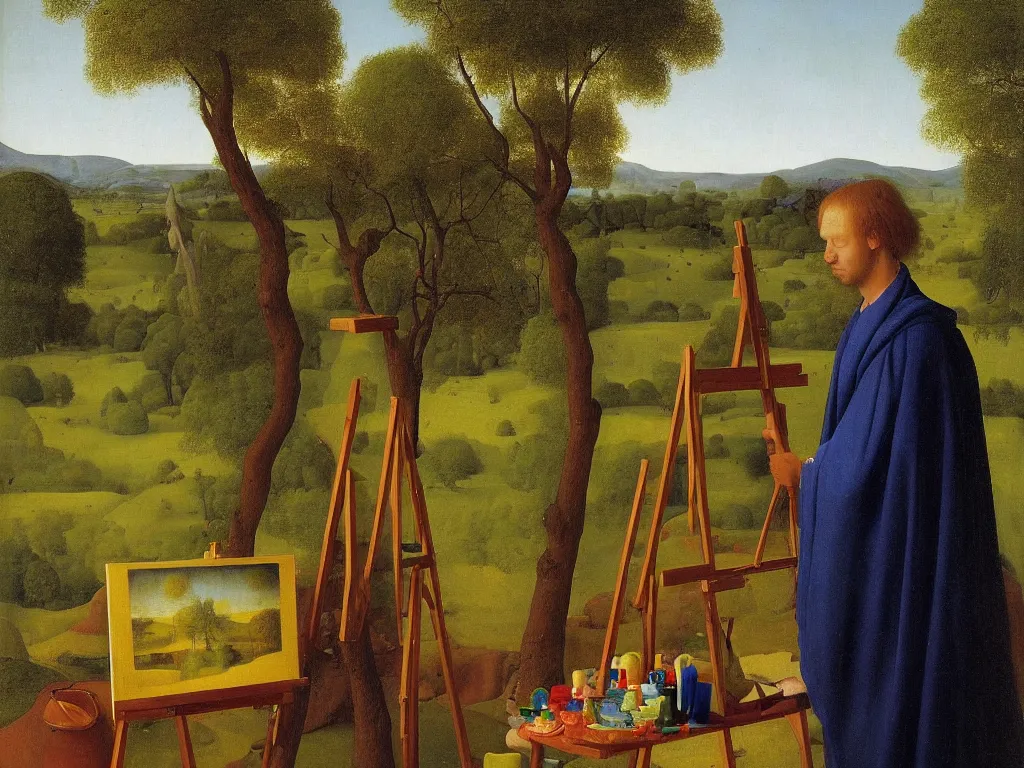 Prompt: portrait of a young painter at his easel, canvas. landscape with a oasis far away. painting by jan van eyck, agnes pelton