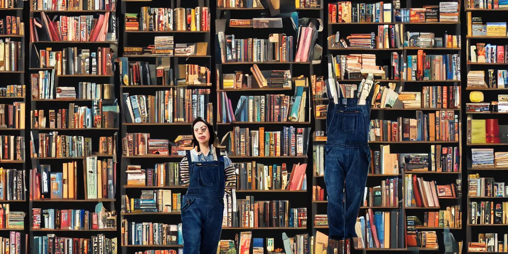 Prompt: A bookseller in black overalls shelves books in her bookshop, cinematic lighting, detailed collage, 4k