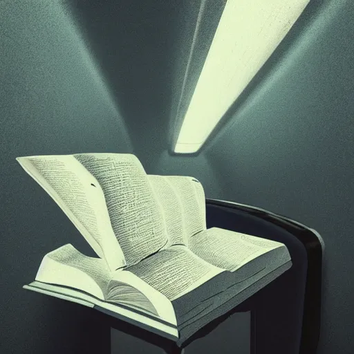 Image similar to a haunted book with glowing pages laying on the seat of a subway train, by Raphael Lacoste, Makoto Shinkai, 4k, trending on artstation, rendered in unreal engine