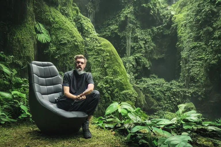 Image similar to movie closeup young man with a grey beard in a cyberpunk suit sitting on a futuristic chair at the edge of a jungle waterfall by emmanuel lubezki