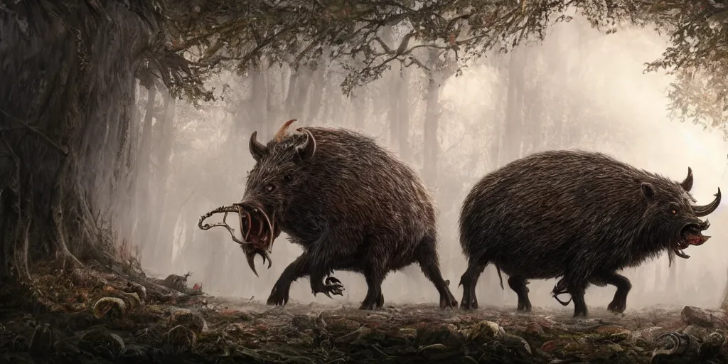 Prompt: giant monstrous wild boar with red eyes and many tusks, in dark woods, dim colors, forest, highly detailed illustration, masterpiece, fantasy, magical, hyperdetailed, realistic, witch fairytale, 4 k, 8 k, highly detailed matte painting, dungeons and dragons