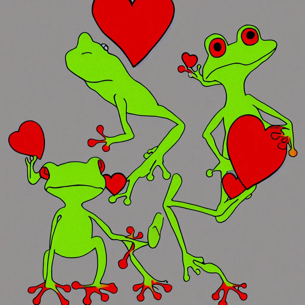 Image similar to a frog holding a big red heart, children’s cartoon, stylized