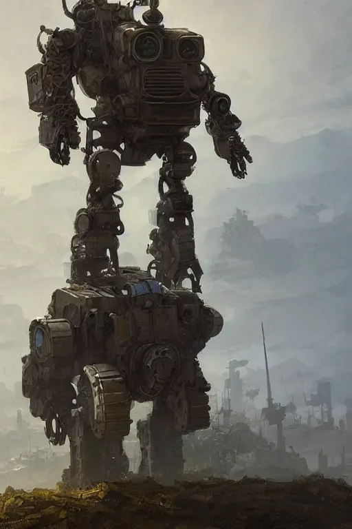 Prompt: giant dieselpunk robot stands on a hill above a small town, highly detailed, digital painting, artstation, concept art, smooth, clear focus, illustrations, works by Jakub Rozalski,