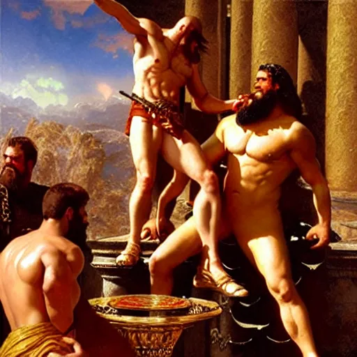 Image similar to ares the god of war accuses hercules of betrayal! zeus sits on the throne of olympus, heavenly marble, ambrosia served on golden platters, painting by gaston bussiere, craig mullins, j. c. leyendecker, tom of finland