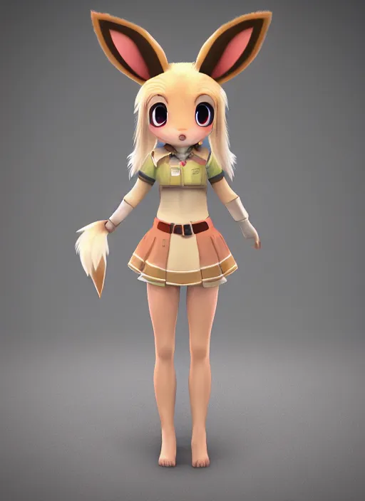 Image similar to female eevee mini cute girl, character adoptable, highly detailed, rendered, ray - tracing, cgi animated, 3 d demo reel avatar, style of maple story and zootopia, maple story eevee, fluffy, dark skin, cool clothes, soft shade, soft lighting