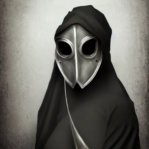 Image similar to female plague doctor donning a black hood, steel knightly armor and a white crow mask, trending on artstation