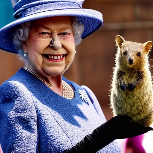 Prompt: Queen Elizabeth II selfie with a quokka