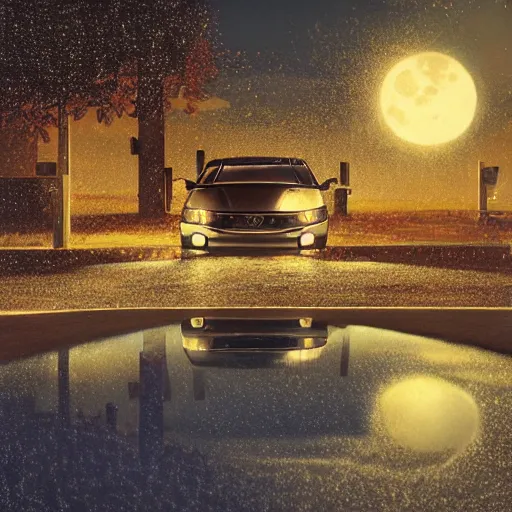 Prompt: 2003 blue Honda Accord leaking large puddle of oil onto driveway, midnight, moonlight, stark lighting, reflective puddle, pool, oil, by Scott Listfield and Mikko Lagerstedt