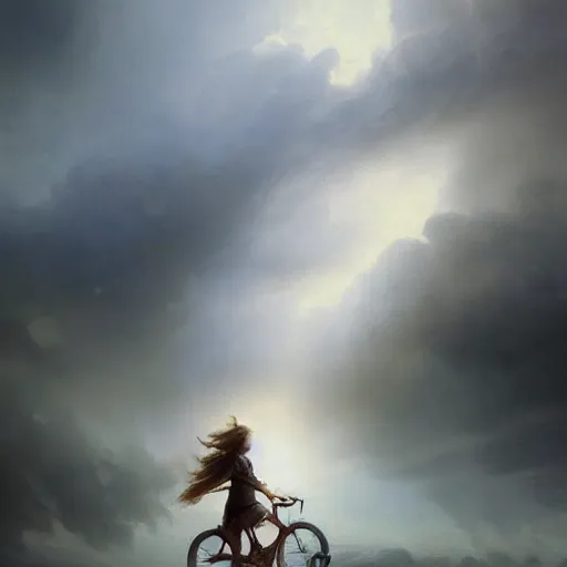 Image similar to cinematic shot epic portrait emma watson riding a bicycle in the streets, atmospheric, cloudy, broad light, ambient occlusion, volumetric light effect, made by ivan aivazovsky, peter mohrbacher, greg rutkowski, ross tran, matte painting, trending on artstation, 4 k, perfectly defined features, digital painting, cinematic, epic, highly detailed,