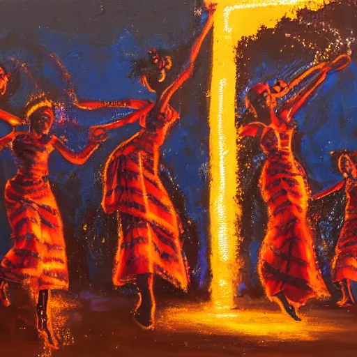 Image similar to african women dancing around a glowing energized steampunk portal at sunset, by alan kenny, oil on canvas