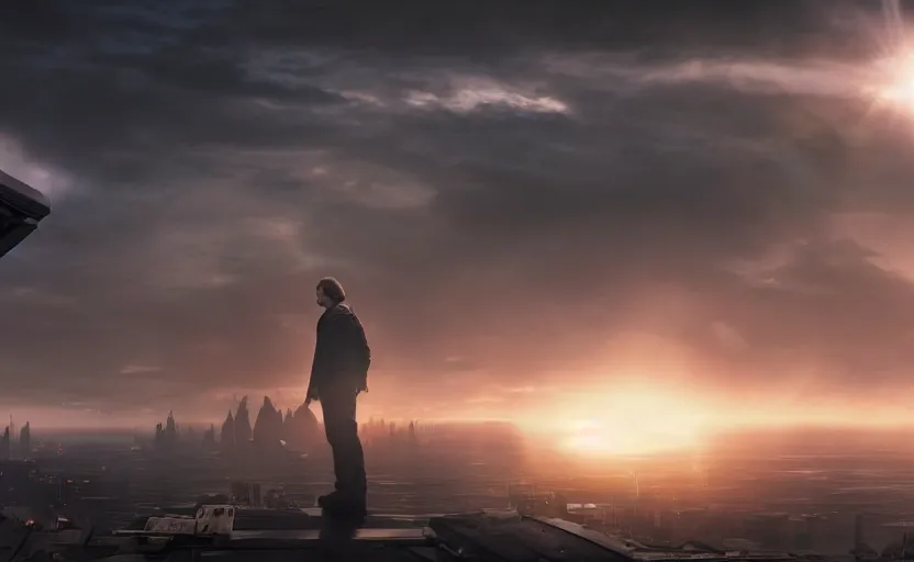 Prompt: iconic wide cinematic screen shot of luke skywalker downtrodden standing with a view of coruscant at sunset, from the thrilling scene from the hbo succession, moody cinematography, foggy volumetric lighting, hyper detailed scene, anamorphic lenses 2 4 mm, lens flare, award winning