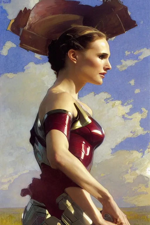 Image similar to elegant romantic portrait photo of natalie portman as iron man, shiny metal iron man armor, by greg manchess, mucha, william adolphe bouguereau, john singer sargent, sorolla, winslow homer, dean cornwell, james gurney, kilin eng, ilya repin,