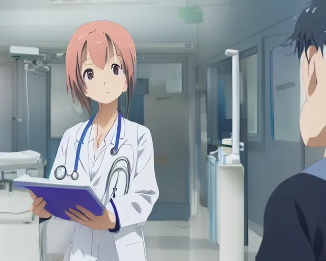 Image similar to a cute young female doctor wearing white coat are talking with a patient in a hospital, slice of life anime, lighting, anime scenery by Makoto shinkai