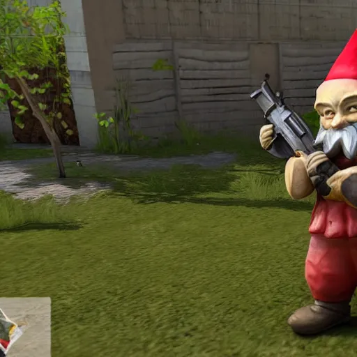 Prompt: garden gnome dressed as Counter-Strike Global Offensive counter-terrorist playing on de_dust2
