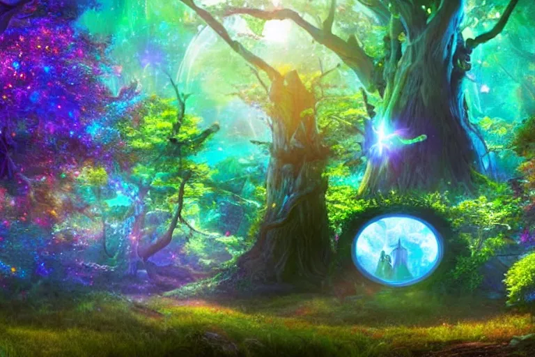 Image similar to a cosmic portal in an enchanted fantasy forest. colorful. cinematic lighting. photorealism.