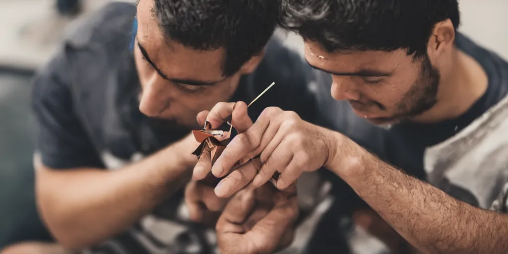 Prompt: dslr a man removing a nail from his third eye, 5 0 mm f 1. 8