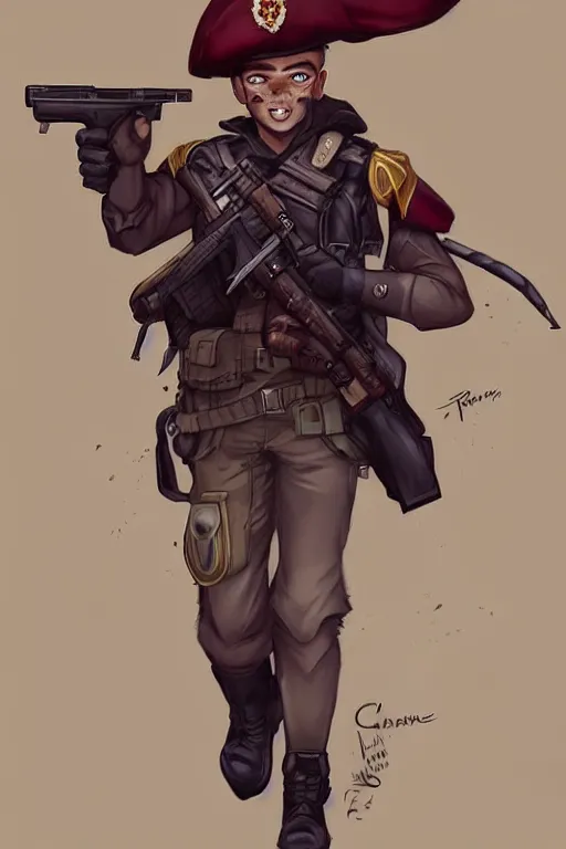 Image similar to beautiful portrait commission of a male furry anthro!!! fruit bat wearing military clothes and a maroon beret. Active Warzone with guns and explosions Atmospheric. Character design by charlie bowater, ross tran, artgerm, and makoto shinkai, detailed, inked, western comic book art