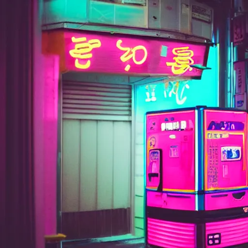 Prompt: Analog photo in Tokyo, pink vending machines in the background, cyan blue and bright yellow neon signs, at night, rain, ambient lights, depth of field, high contrast