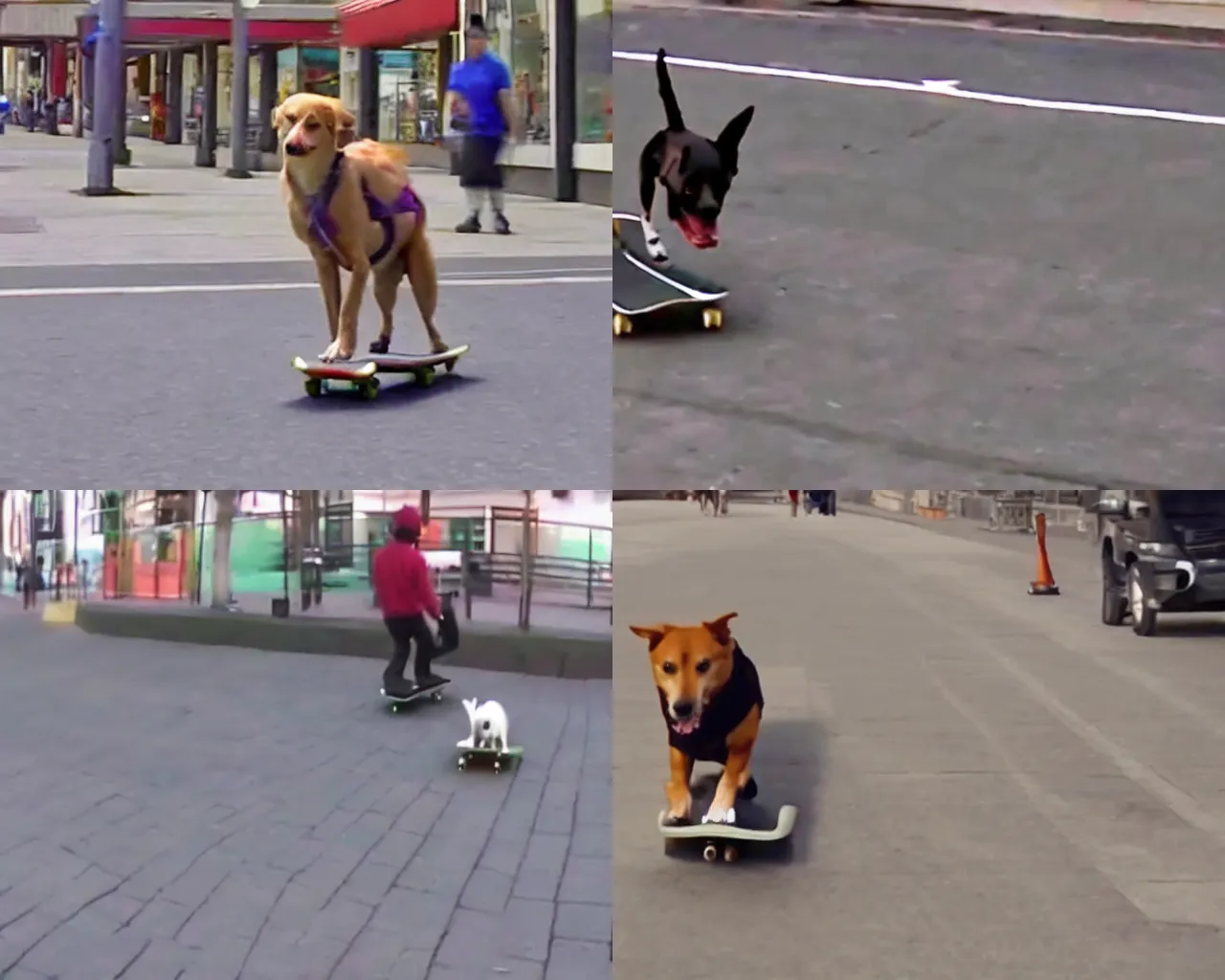 Prompt: cctv footage of a dog riding a skateboard