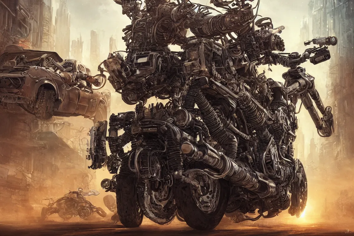 Prompt: a beautiful ultradetailed fine art illustration of a cyborg riding a mad max motorcycle in a cyberpunk city road, side view, by ryan church, trending in behance, cybernetic scifi, bokeh, just after rain