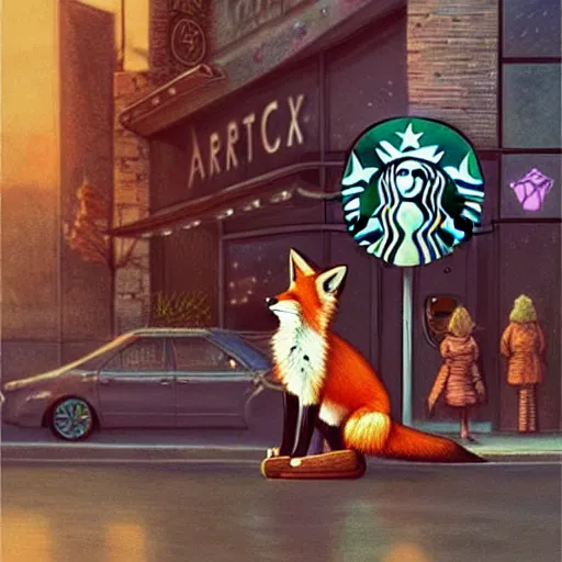 Prompt: a sweet anthro!! Fox wearing leather clothes and doing the peace sign standing in front of a Starbucks. cinematic, hyper realism, high detail, illustration, marvel comic, iridescent accents, by Bruce Pennington, trending on artstation, very coherent symmetrical artwork.