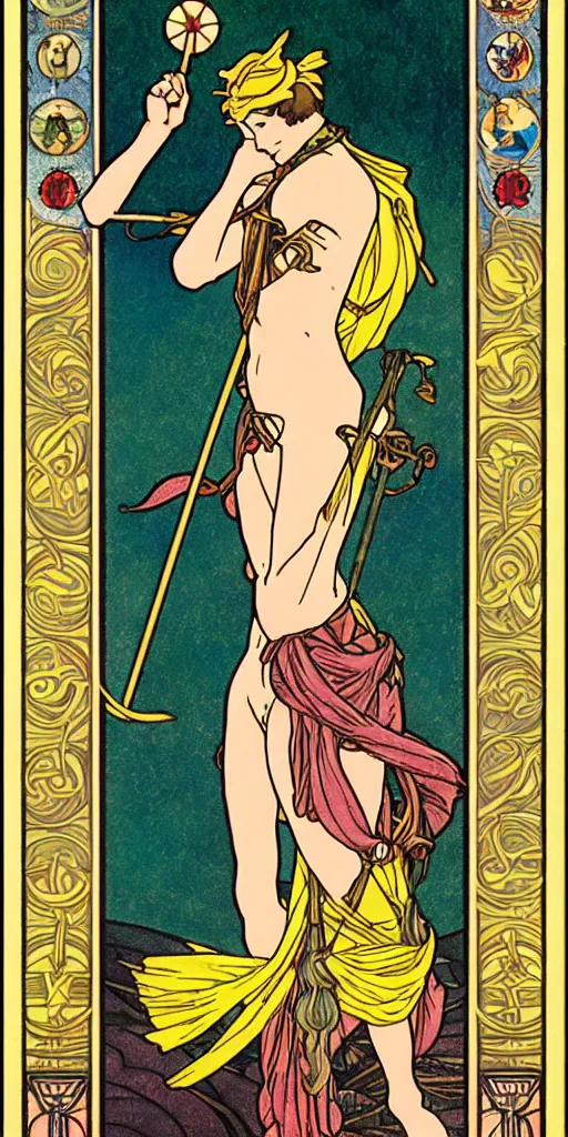 Image similar to the fool, rider - waite tarot card with an art deco boarder, high quality, digital painting, by studio ghibli and tammara de lempika and alphonse mucha