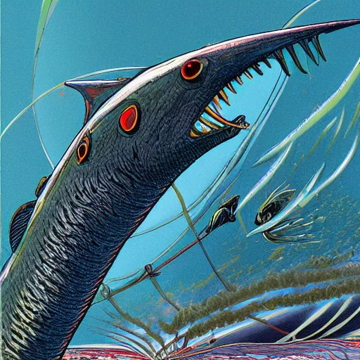 Image similar to tornado made of fishes illustration artwork cgart trending on artstation by jean giraud cinematic