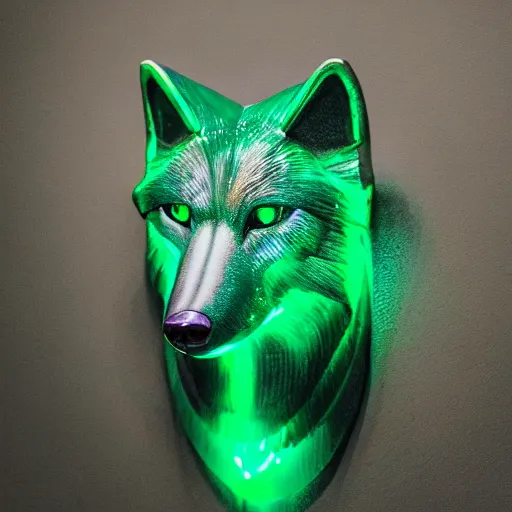 Prompt: portrait photography of a emerald wolf sculpture with glowing purple eyes