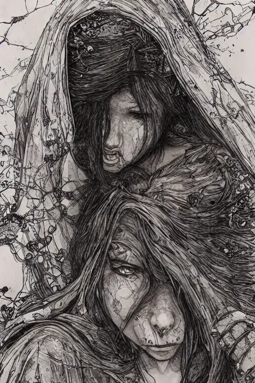 Prompt: portrait of a beautiful little red riding hood sobbing, tears run down her cheeks, as a terrifying werewolf emerges from her back, pen and ink, intricate line drawings, by Yoshitaka Amano, Ruan Jia, Kentaro Miura, Artgerm, watercolor