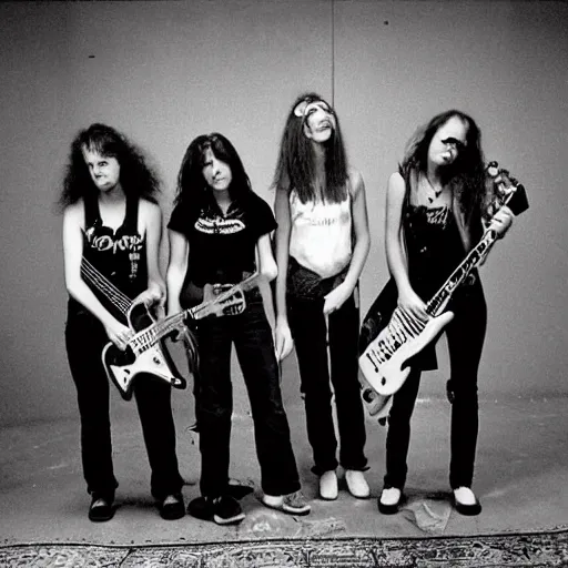 Prompt: Group of 19-year-old women holding electric guitars, long shaggy hair, stoner rock, punk rock, grunge rock, alternative rock, noise rock, Subpop, grunge, band promo photo, 1991 photograph