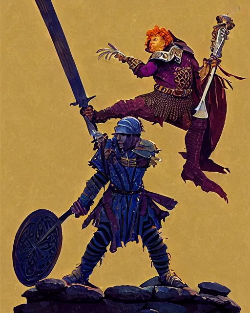 Image similar to beverly toegold the fifth, epic level dnd male halfling nature verdant paladin, wielding the golden holy avenger sword, wearing magical gleaming chainmail armor. full character concept art, realistic, high detail digital gouache painting by angus mcbride and michael whelan and jeffrey jones