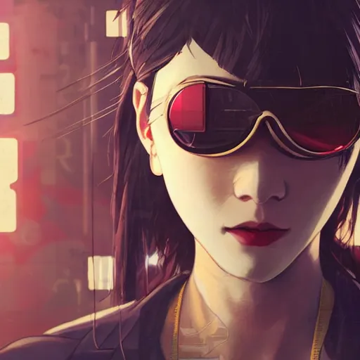 Image similar to a film still of a japanese cyberpunk girl with a smirk, finely detailed features, aviators, closeup at the faces, dramatic cinematic, at cyberpunk city, ghost in the shell, trending on pixiv fanbox, painted by greg rutkowski makoto shinkai takashi takeuchi craig mullins, alphonse mucha, studio ghibli, pixiv