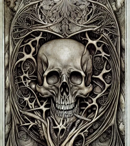 Image similar to memento mori by arthur rackham, art forms of nature by ernst haeckel, exquisitely detailed, art nouveau, gothic, ornately carved beautiful skull dominant, intricately carved antique bone, art nouveau botanicals, ornamental bone carvings, art forms of nature by ernst haeckel, horizontal symmetry, arthur rackham, ernst haeckel, symbolist, visionary