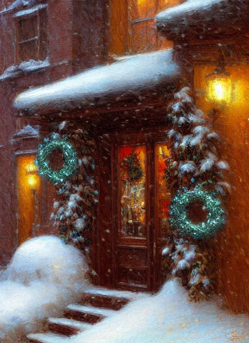 Image similar to new york apartment building in winter, close up of wreath on door, snow, artwork by gaston bussiere, craig mullins, trending on artstation