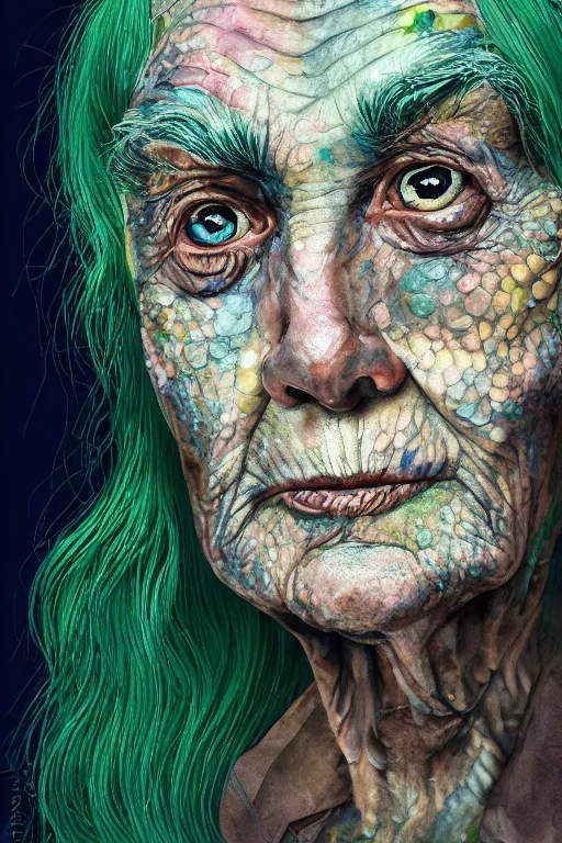 Prompt: portrait of a old person with aquarelle painted skin. close up, very dark blue-green hair, luminous eyes, dark flower pattern wallpaper background, high detail, by Eddie Mendoza