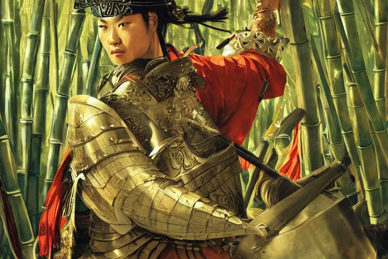 Image similar to close up of samurai in full armor, in a mysterious and bamboo forest, dawn, by huang guangjian and gil elvgren, sachin teng, greg manchess