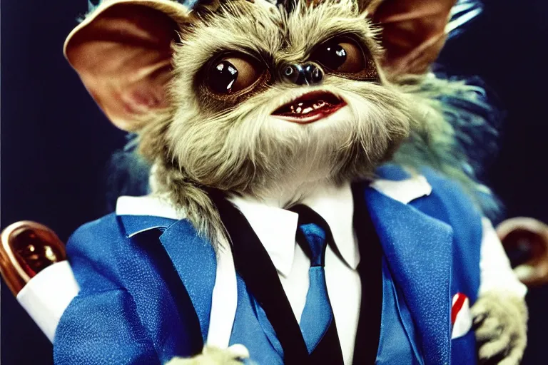 Prompt: a portrait photograph of gizmo from the movie gremlins wearing a blue wedding suit and looking proud, portrait taken by annie leibovitz,