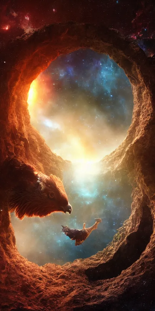 Image similar to a wide shot of a deer peering into a giant portal into the universe in the shape of a keyhole to the nebulae and galaxies, an eagle flying, beautiful matte painting by weta workshop 4 k, cinematic dramatic atmosphere, dramatic lighting, trending on artstation