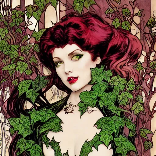 Image similar to a beautiful painting of poison ivy dressed as catwoman and catwoman dressed as poison ivy, intricate, elegant, highly detailed, digital painting, artstation, concept art, matte, sharp focus, illustration, art byby rebecca guay and by arthur rackham and by alphonse mucha and by john william waterhouse, comic book style!!