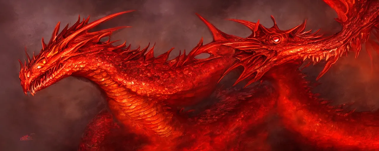 Prompt: red fire breathing dragon, extreme detail, 8k, painted in romantic artstyle, high fantasy
