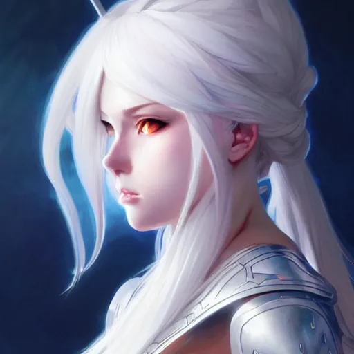 Image similar to anime girl portrait, armor, full body, white hair, d & d, fantasy, detailed eyes, intricate, backlit, realistic lighting, elegant, highly detailed, digital painting, artstation, concept art, smooth, sharp focus, illustration, art by artgerm, greg rutkowski, alphonse mucha
