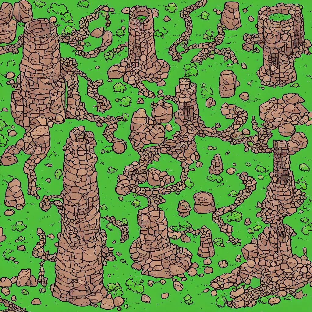 Image similar to ground, tree, rock and wizard tower, on a lineart tileset