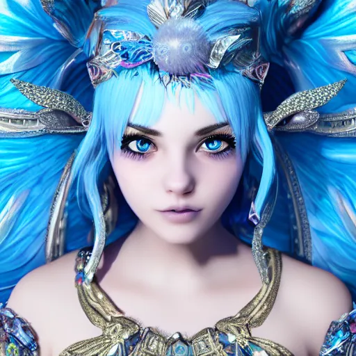 Prompt: portrait of fairy princesswith blue hair, glowing, ornate and intricate jewelry, jaw dropping beauty, glowing background lighting, white accent lighting, hyper detailed, fairy tale, 4 k octane render