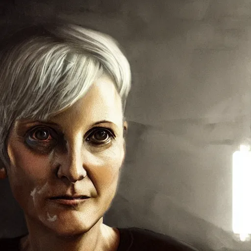 Image similar to woman in her 6 0 s with close cropped hair. lori petty. running on a treadmill. side on. realistic concept art painting. cinematic lighting. dark and moody. scifi