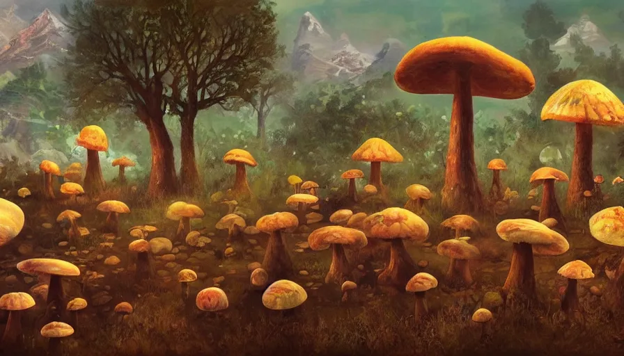 Image similar to a society of many different sentient mushrooms, landscape painting, fantasy, surrealism, plants and nature, warm lighting